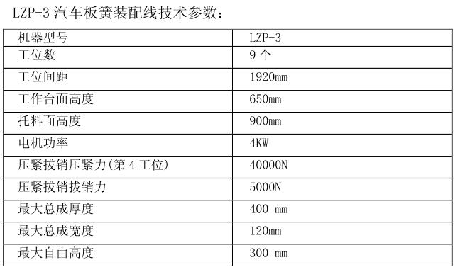 LZP-3汽車板簧裝配線技術(shù)參數(shù)表